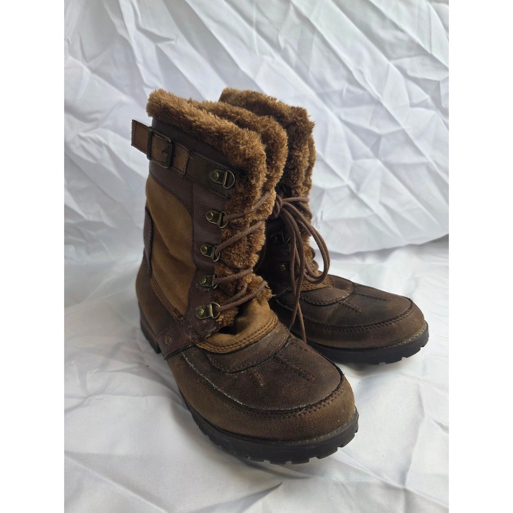 Rock & Candy Danlea Brown Faux Fur Trim Lace Up Mid Calf Boots Womens Size 9